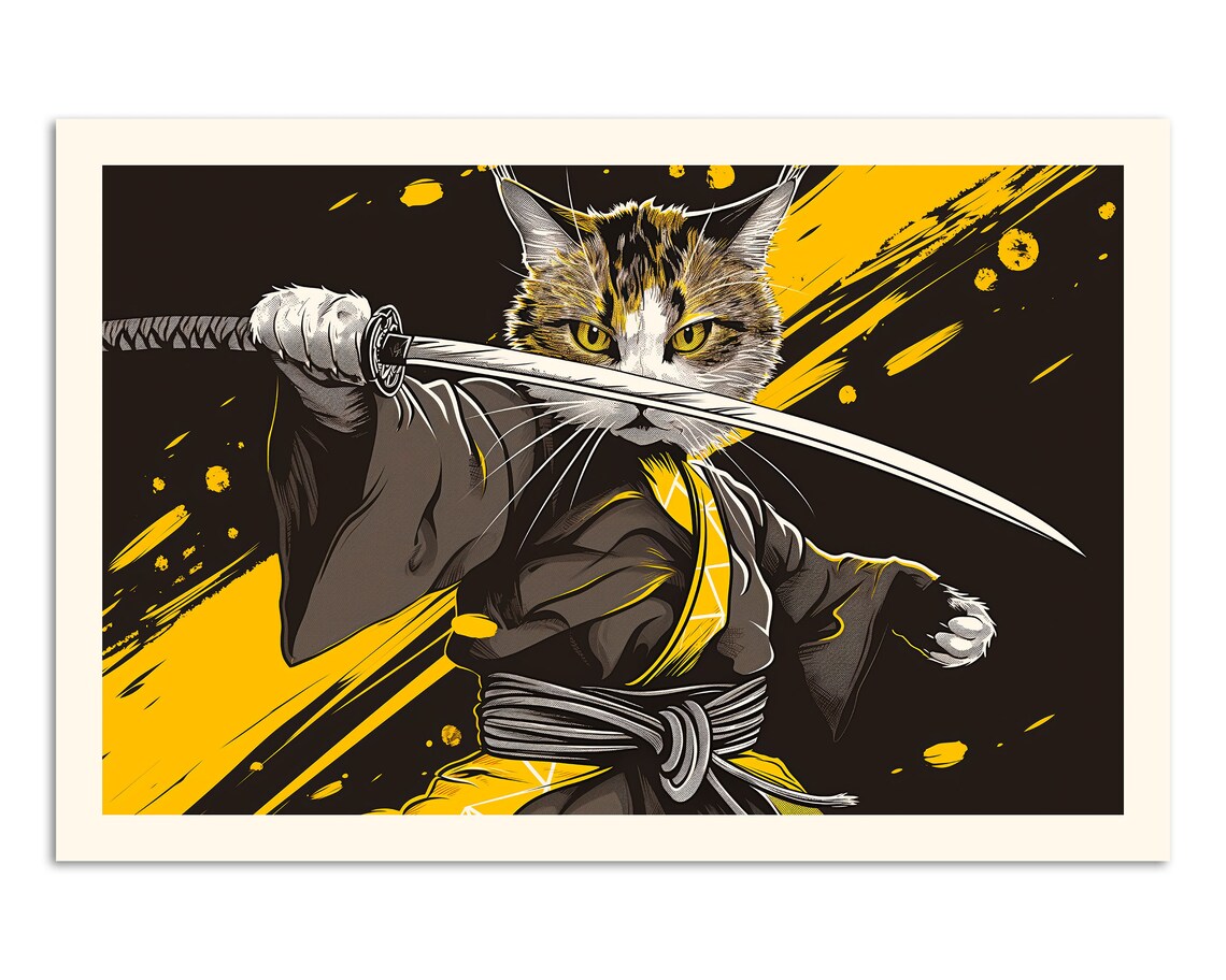 Samurai Cat Warrior With Katana Sword Bold Black Gold Graphic Art Poster - Image 4