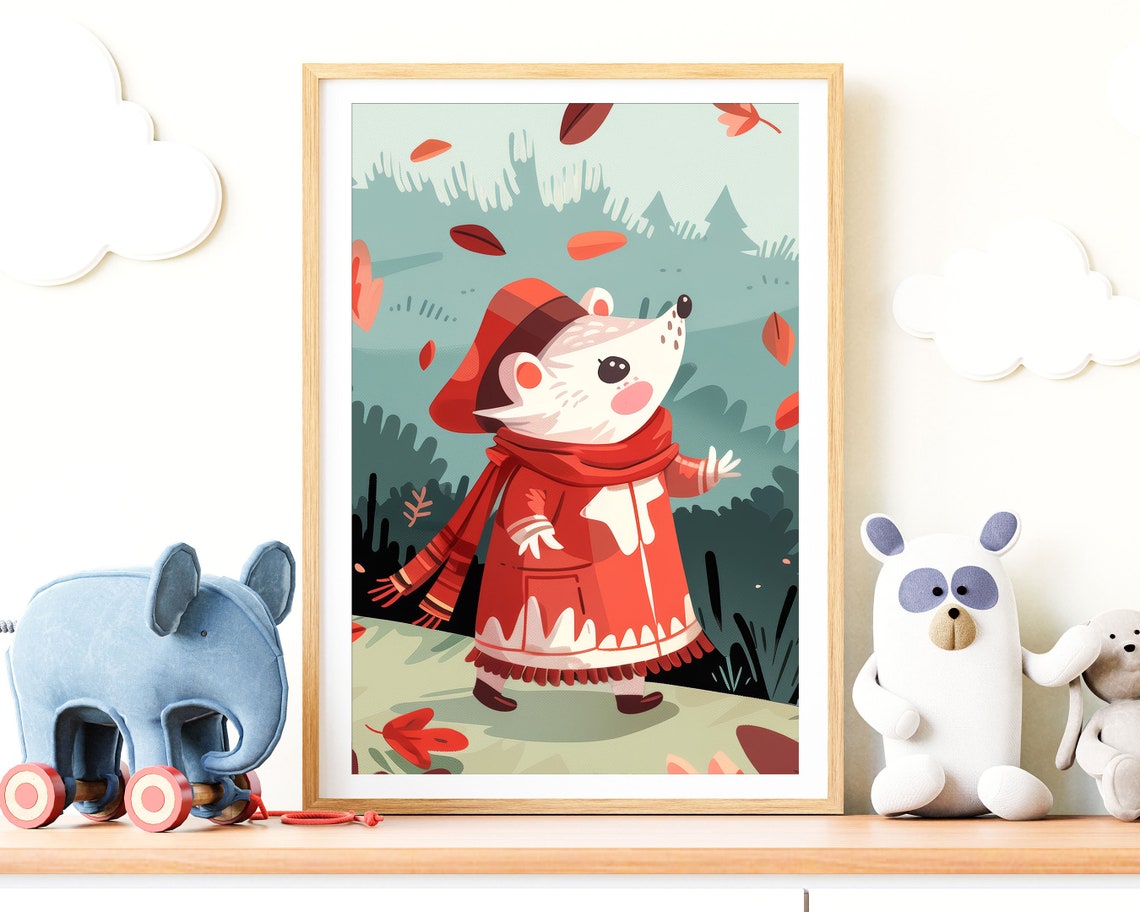 Smiling White Dog Winter Hat Scarf Mountain Cartoon Kids Wall Art - Image 2