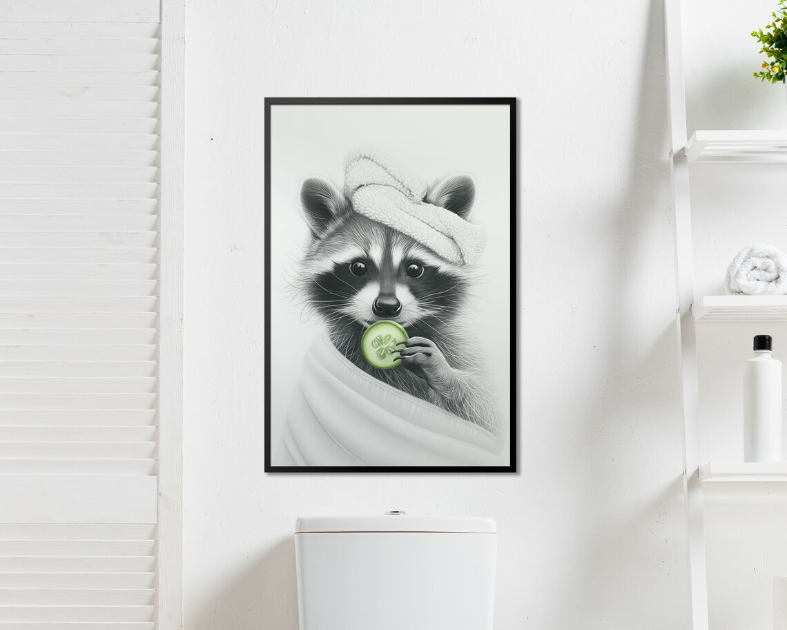 Pampered Raccoon Spa Day With Towel Eating Cucumber Funny Animal Poster - Image 4