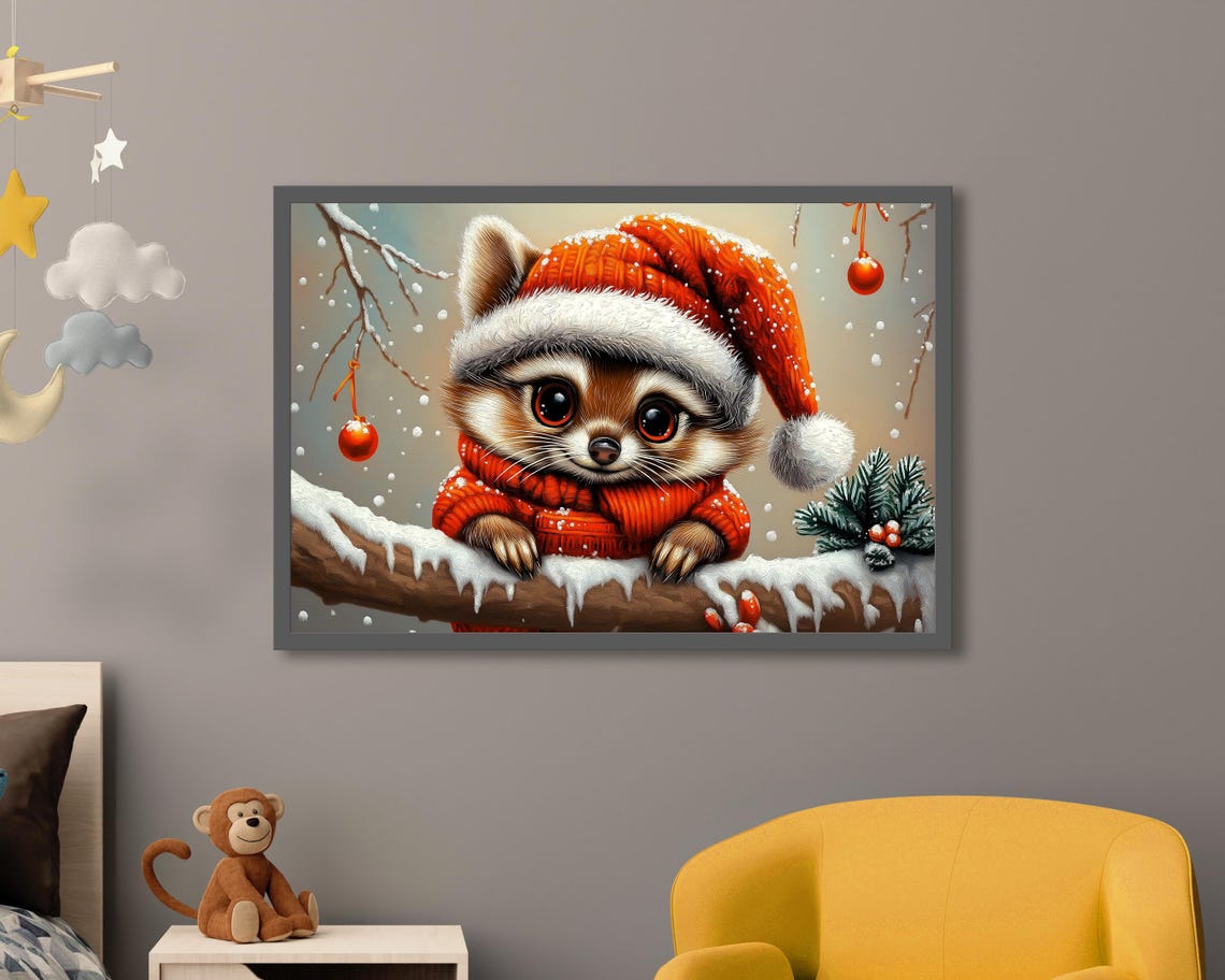 Cute Raccoon in Santa Hat Red Sweater Snowy Christmas Wall Art