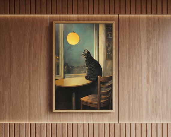 Black Cat Sitting At Window Table Night Lamp Warm Moody Art Poster
