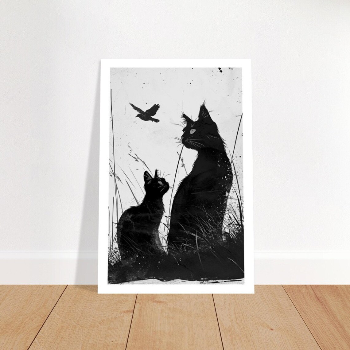 Chat Noir 10 Black Cat Generations Silhouette Grass Bird Ink Art Poster - Image 3