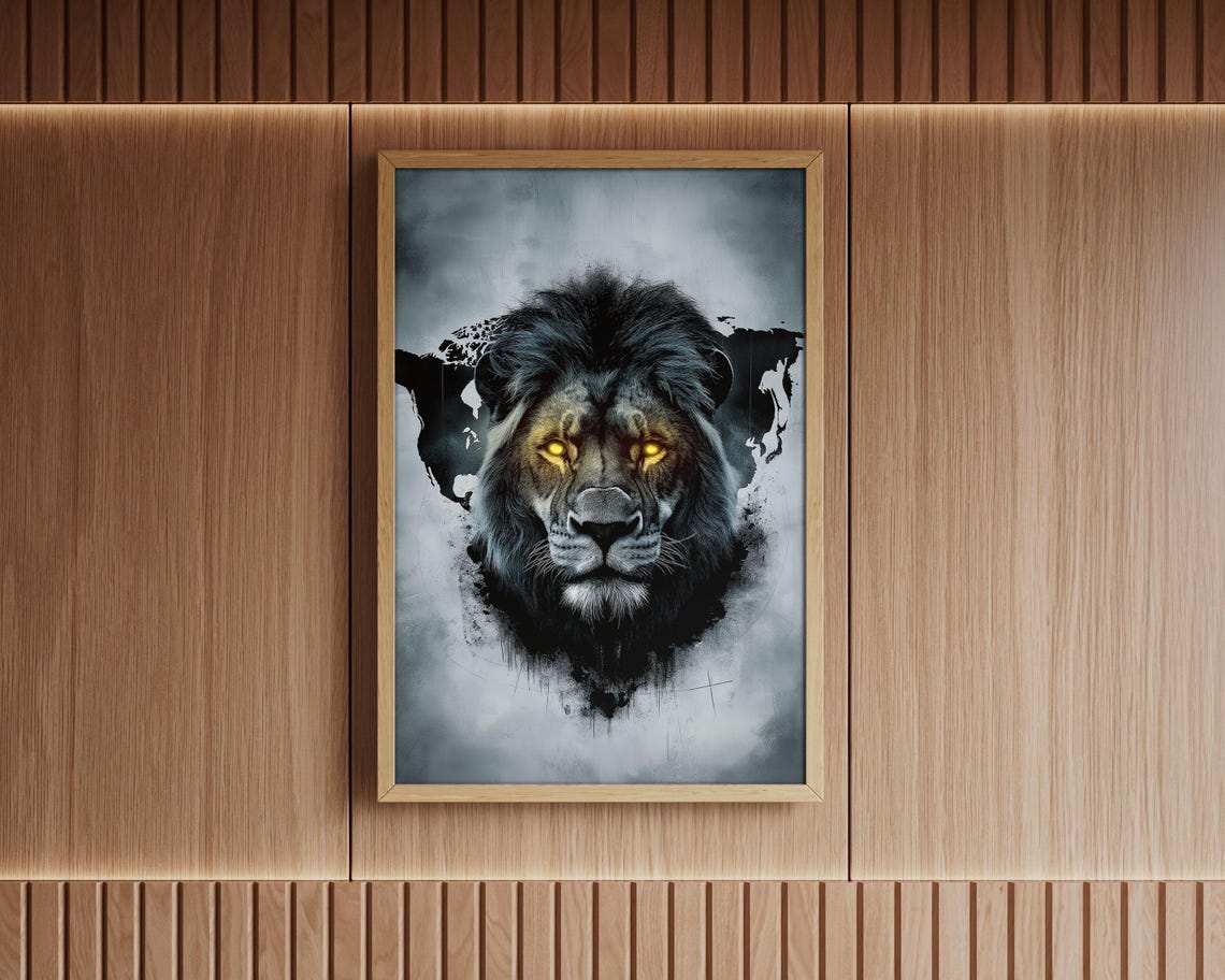 Majestic Lion With Glowing Golden Eyes Dark Dramatic Art Poster - Image 4