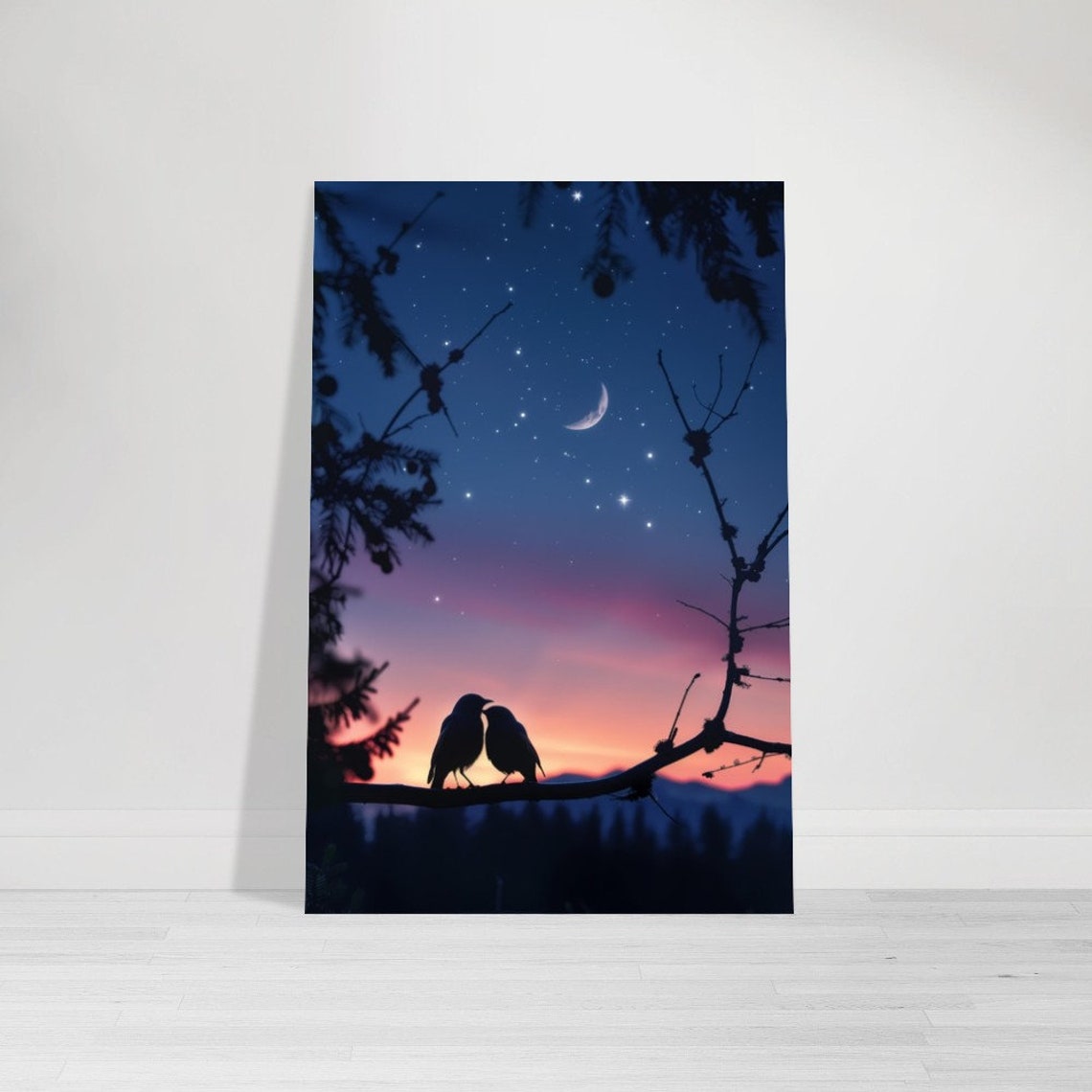 Bird Silhouette Pair Starry Night Crescent Moon Romantic Wall Art - Image 3