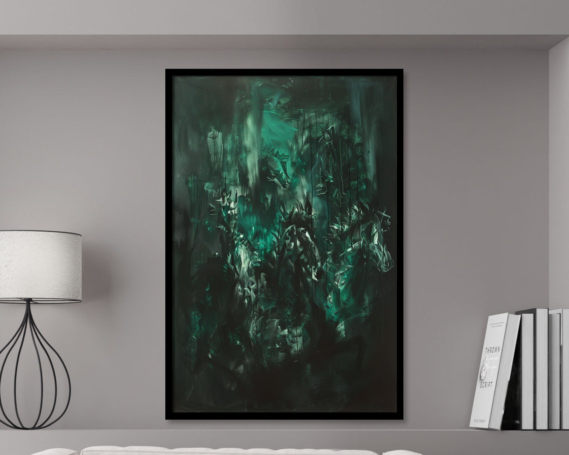 Abstract Horses Dark Green Emerald Forest Painting Equestrian Poster