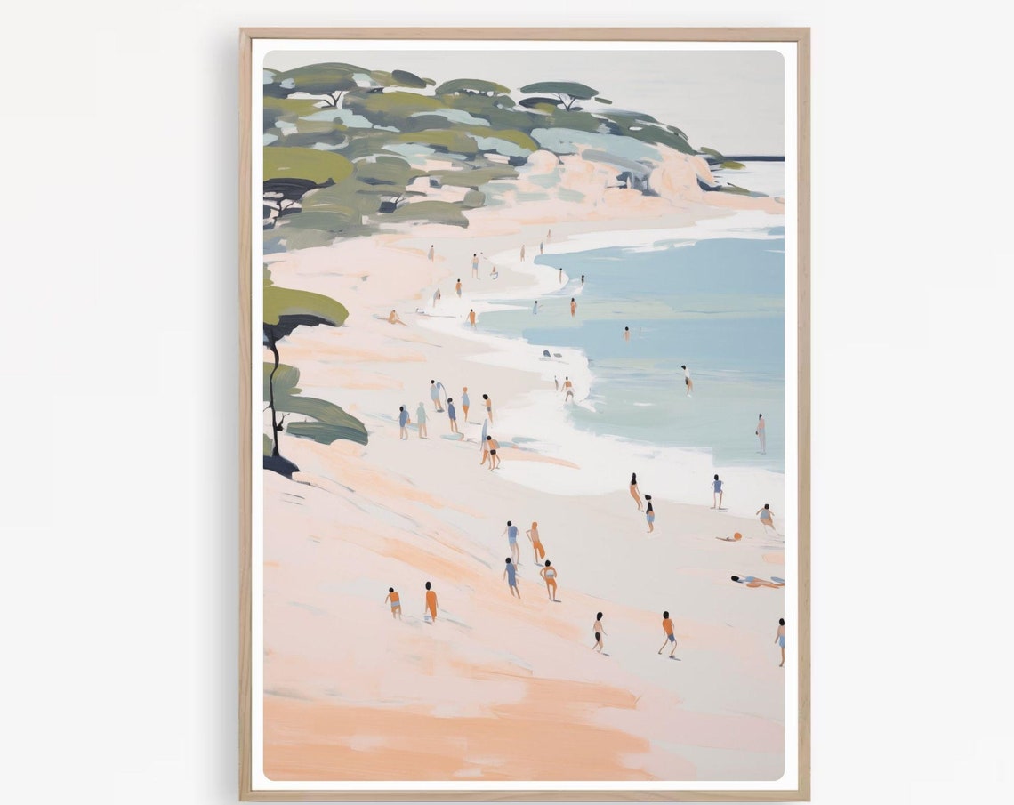Colorful Crowded Beach Watercolor Summer Swimmers Coastal Scene Poster - Image 4