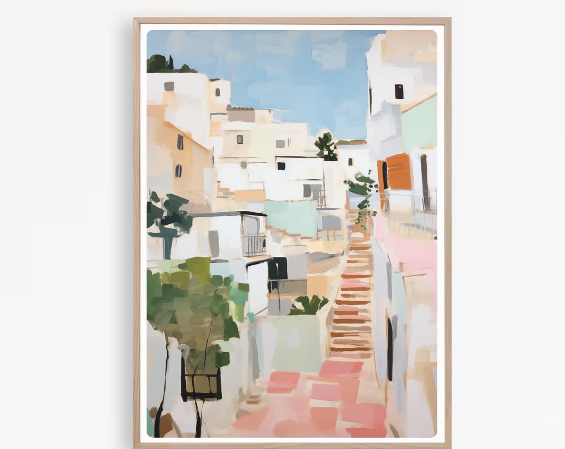 Ibiza Whitewashed Old Town Watercolor Balearic Island Street Poster