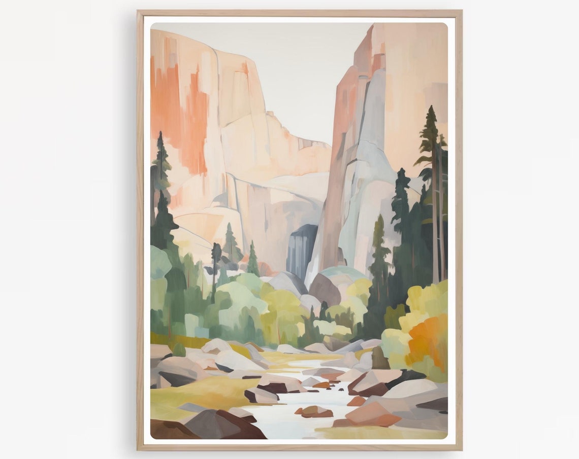 Yosemite Valley Painting Granite Cliffs Pines Mountain Stream Poster - Image 4