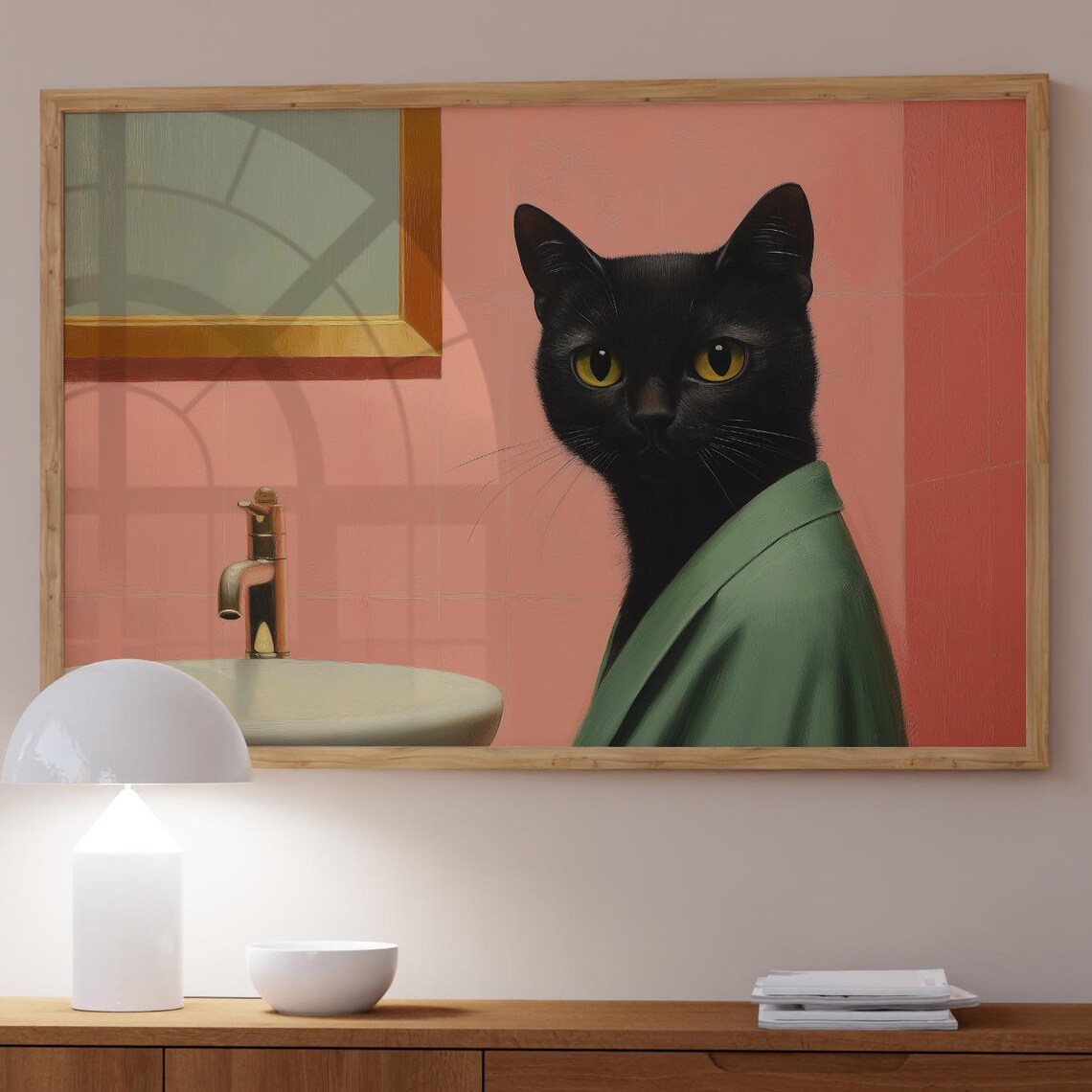 Surreal Black Cat Art Print Funny Bathroom Whimsical Decor