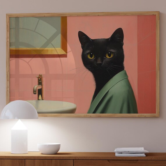 Surreal Black Cat Art Print Funny Bathroom Whimsical Decor