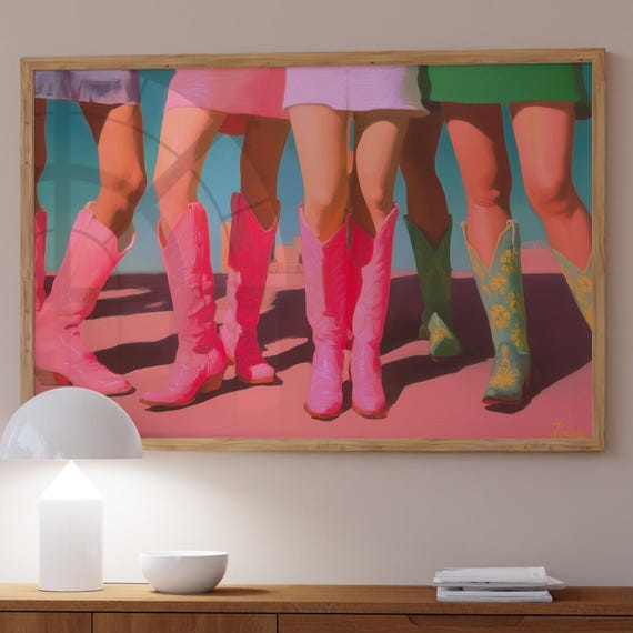 Colorful Cowgirl Boot Print Retro Western Fashion Art