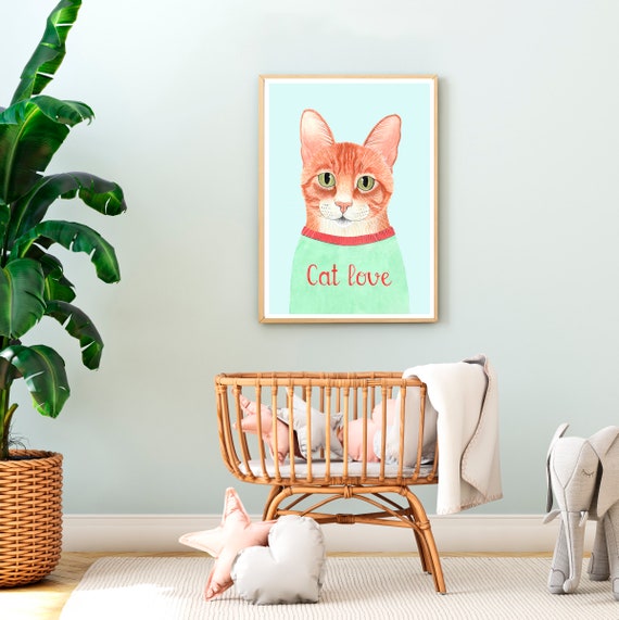 Orange Tabby Cat Nursery Prints Red Art For Kids Baby Animal Whimsical Painting Funny Wall Kitten