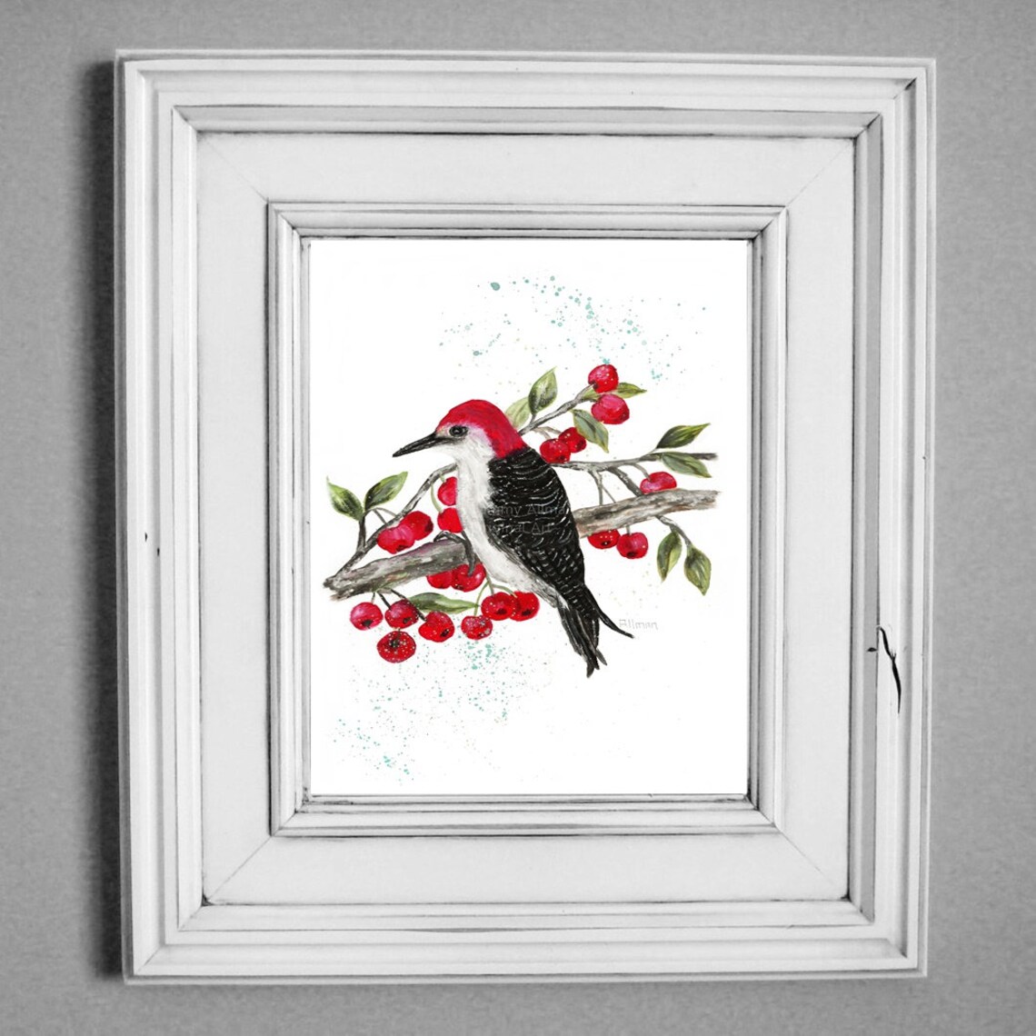 Red Headed Woodpecker In A Cherry Tree Watercolor Print Woodpecker Series - Image 3