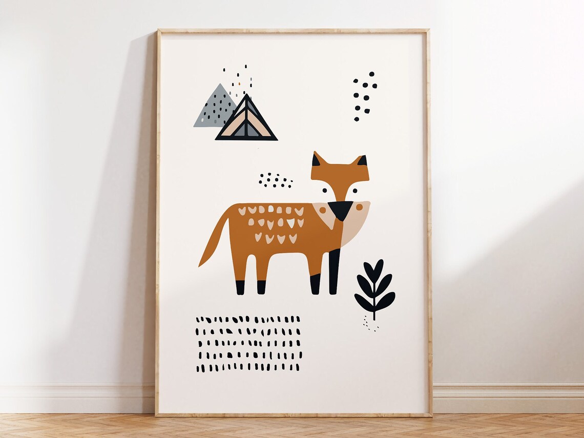Cute Fox Nursery Art Geometric Mountains Playroom Kids Room Poster
