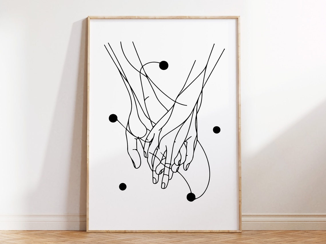 Minimalist Continuous Line Art Entwined Hands Black White Love Poster
