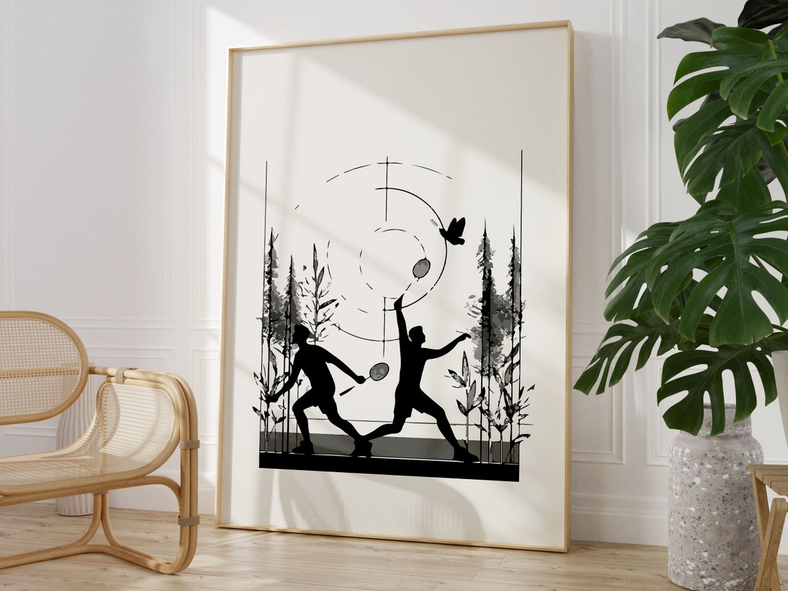 Two Badminton Players Bamboo Forest Minimalist Black Line Wall Art - Image 2