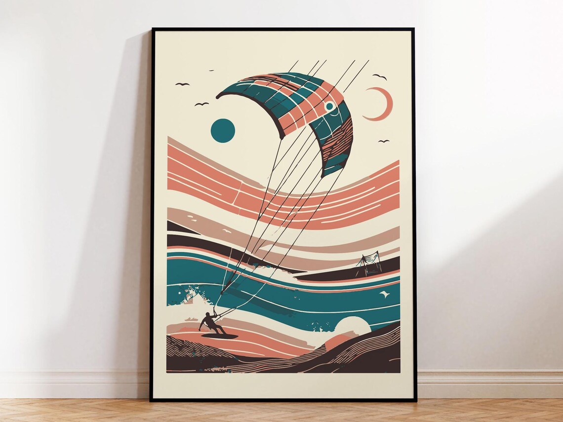 Abstract Kitesurfing Poster, Modern Surf Gift