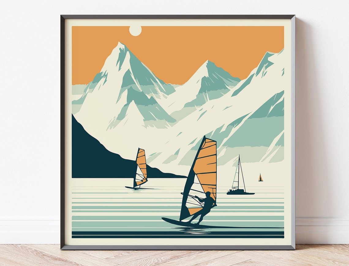 Windsurfing Orange Sails Mountain Lake Vintage Travel Art Poster