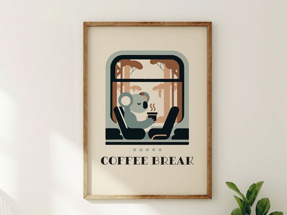 Koala Having Coffee Break On A Train Fun Poster For Contemporary Office Kitchen Wall Art I Oak Pine Metal Frame Included I Cute Cafe