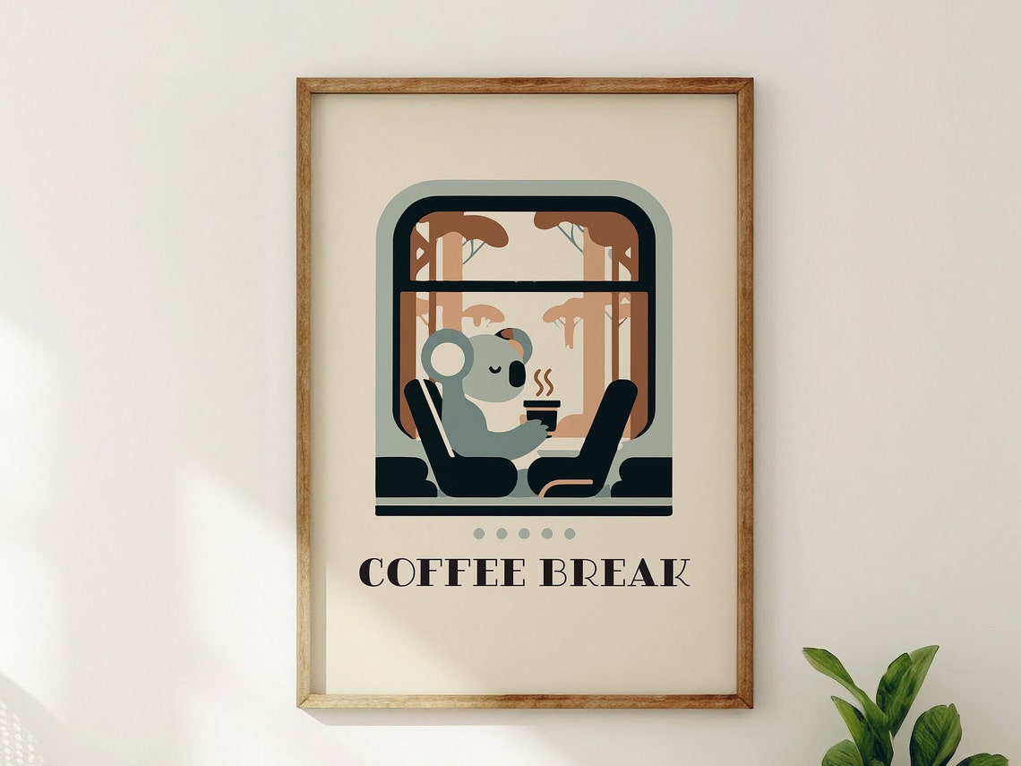 Coffee Break Koala Poster Sleepy Animal on Train Seat With Cup