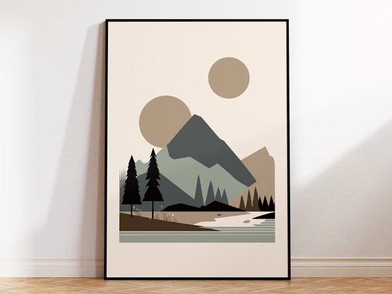 Minimalist Geometric Landscape Poster For Contemporary Scandi Style Wall Art Abstract Nordic Mountains Print Gift For Nature Lover Frame