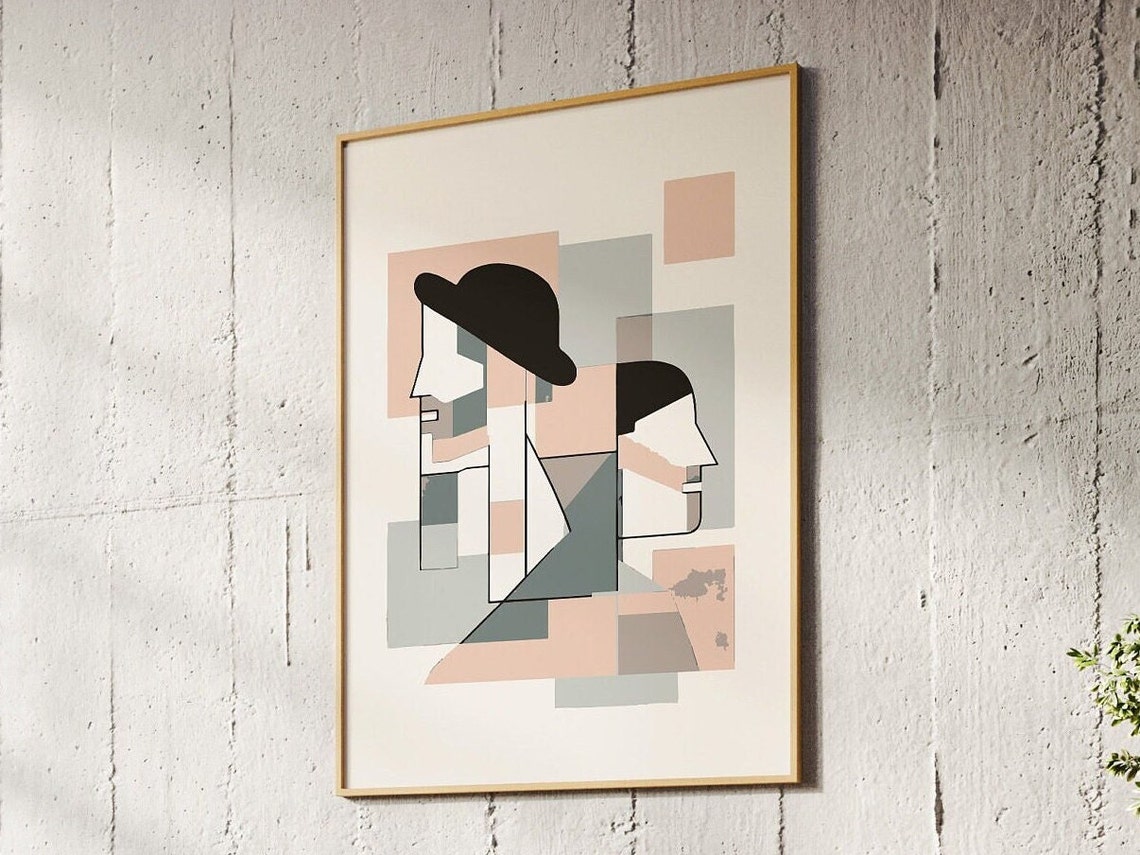 Geometric Pastel Two Faces in Hats Cubist Abstract Art Poster - Image 2