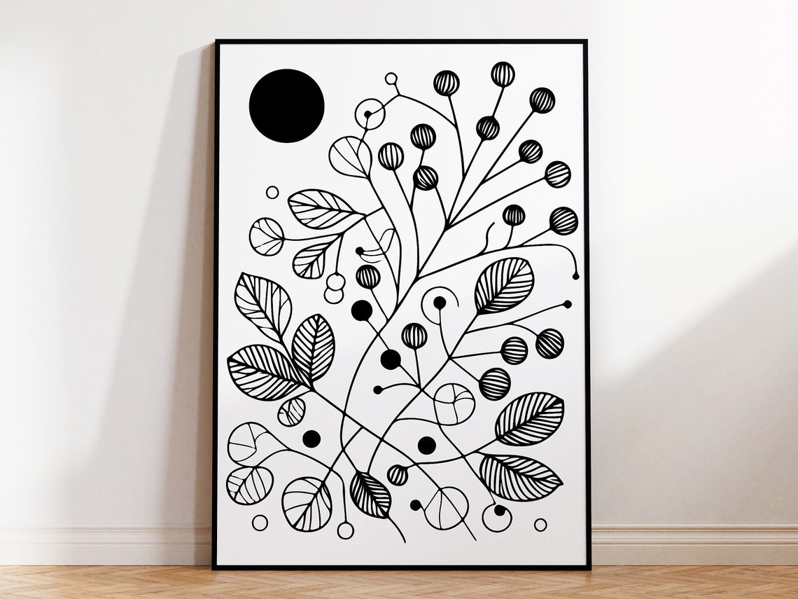 Minimalist Japandi Berry Branch Line Art Black White Botanical Poster