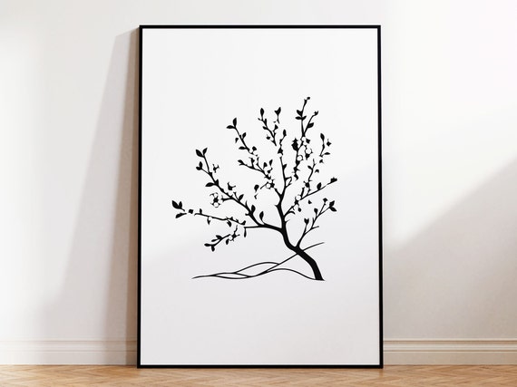 Black Cherry Tree Minimalist Line Art Poster For Modern Scandinavian Home Wall Art I Framed Print Natural Oak Lightwood Pine Metal Frame