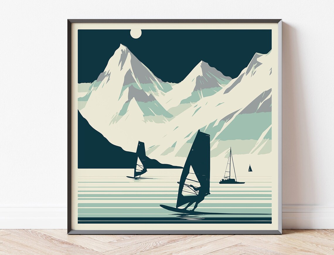 Windsurfing Mountain Lake Retro Travel Sunset Sports Art Poster