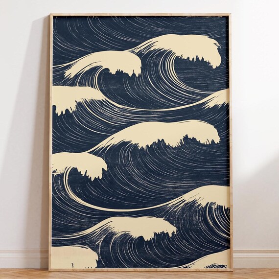 Edo Waves Japanese Ocean Art Print, Minimalist Ukiyo-E Style