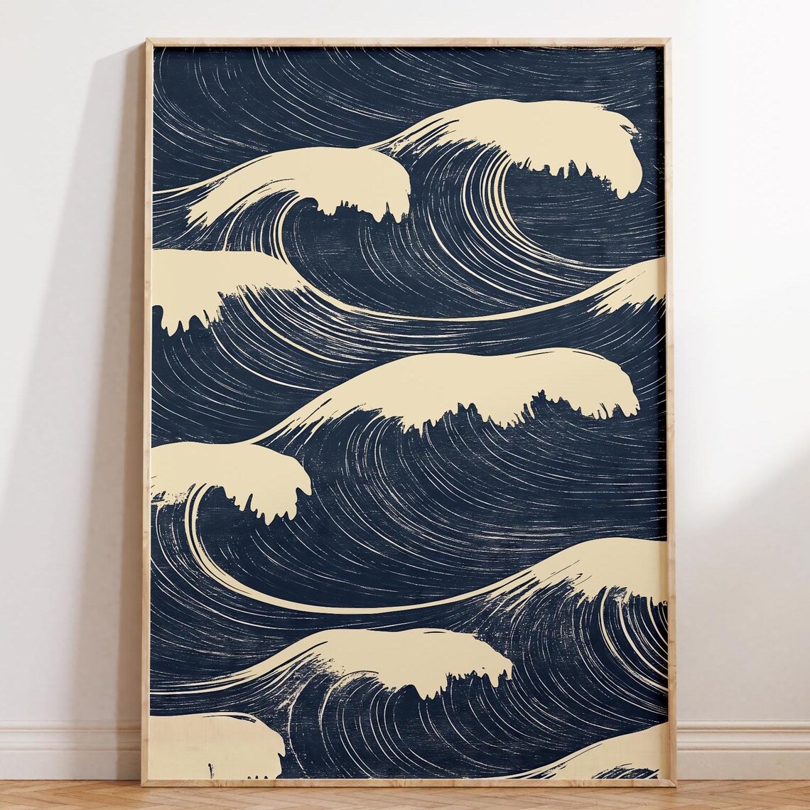 Edo Waves Japanese Ocean Art Print, Minimalist Ukiyo-E Style