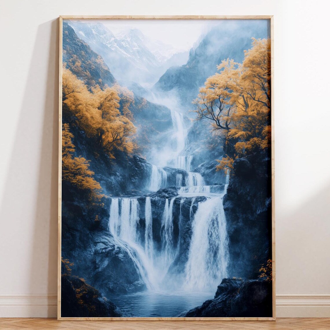 Autumn Falls, Japandi Minimalist Waterfall Art Print