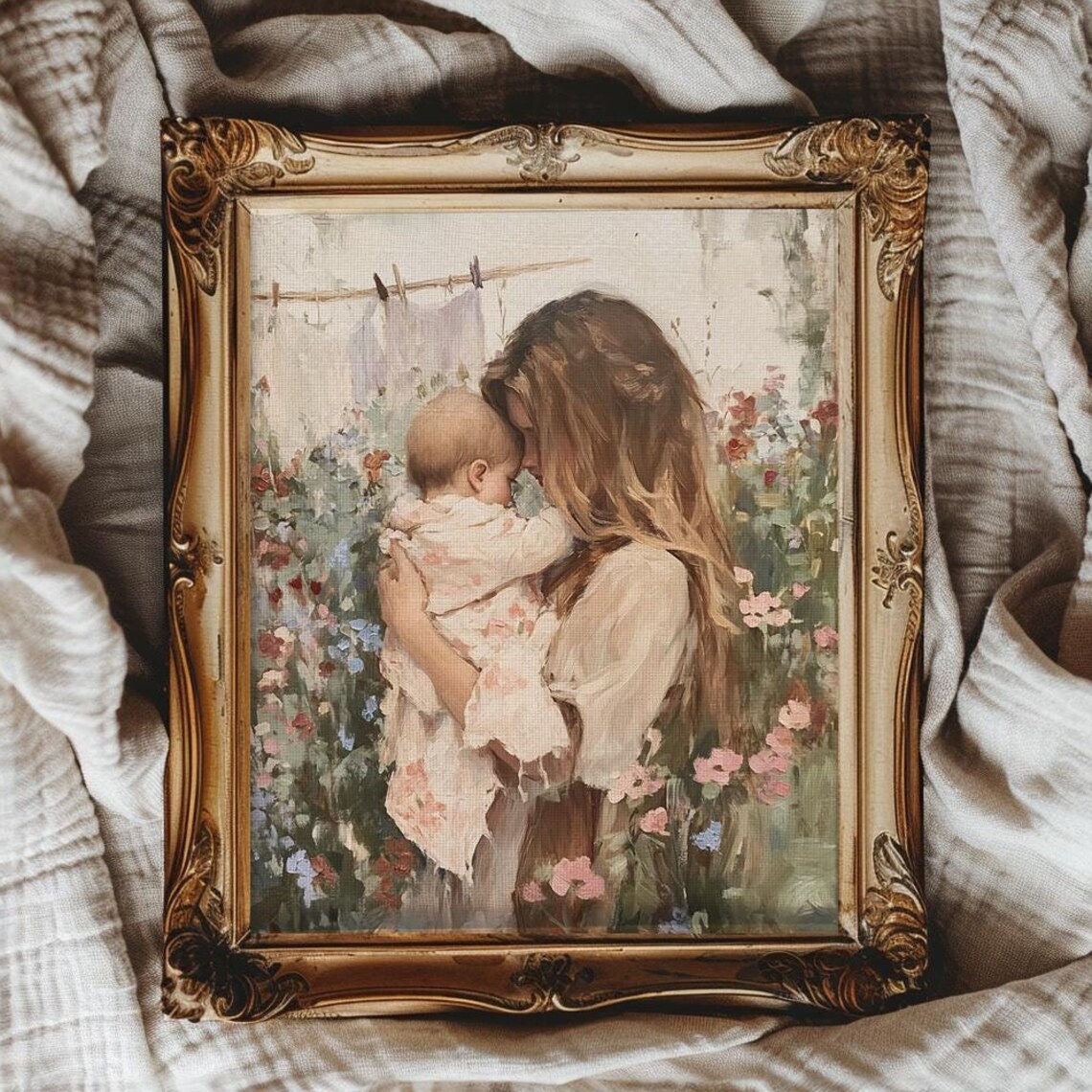 Mother Holding Her Baby in a Blooming Cottage Flower Garden Poster
