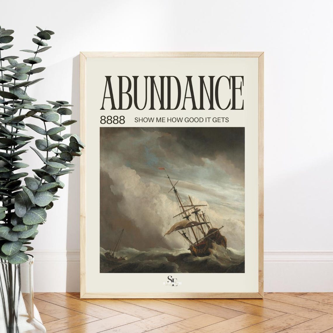 Abundance 8888 Angel Number Stormy Ship Seascape Typography Poster