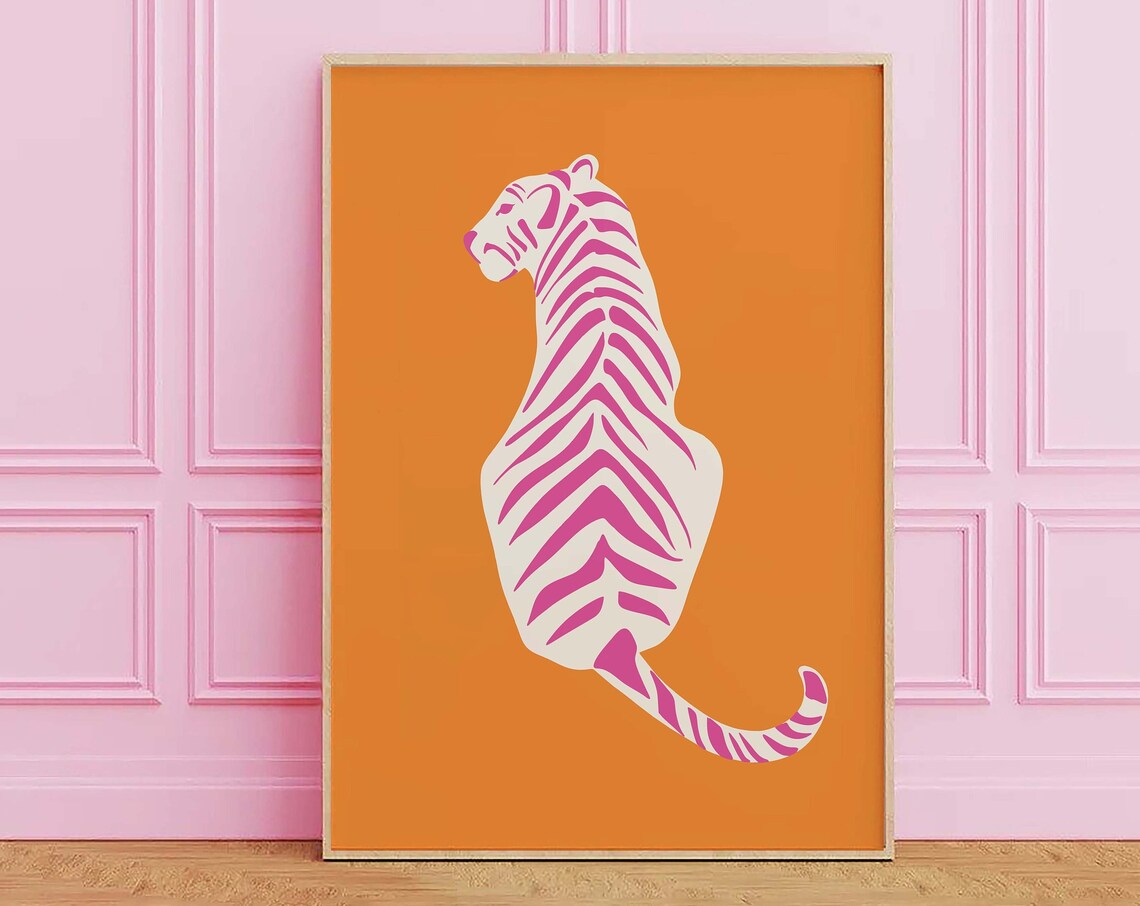 White Tiger Pink Stripes Orange Retro Pop Art Animal Cute Poster
