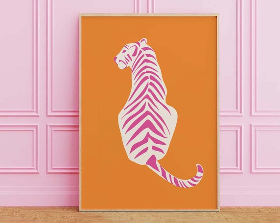 White Tiger Pink Stripes Orange Retro Pop Art Animal Cute Poster