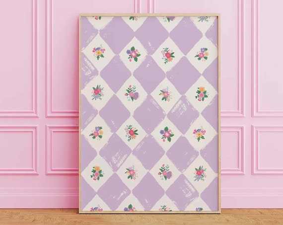 Vintage Floral Pattern Print Art Checker Wall Art Grandmillennial Floral Art Print Cute Trendy Wall Art