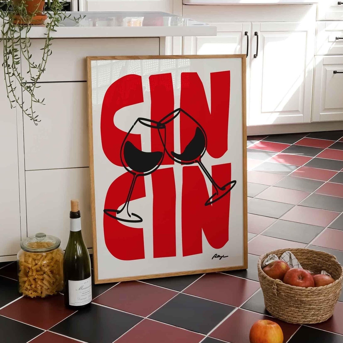 Cin Cin Clinking Wine Glasses Bold Red Typography Kitchen Poster