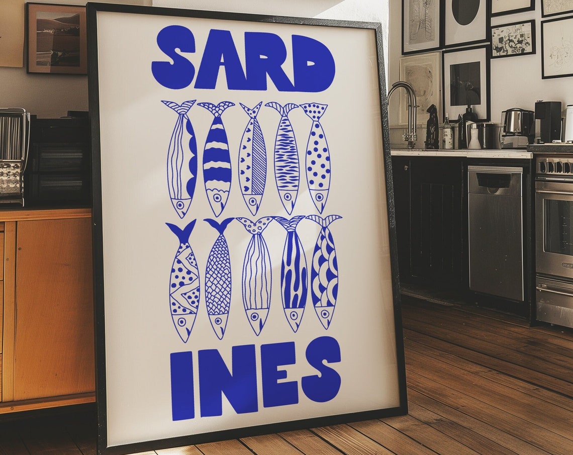 Blue Sardines Doodle Fish Bold Typography Nautical Kitchen Poster