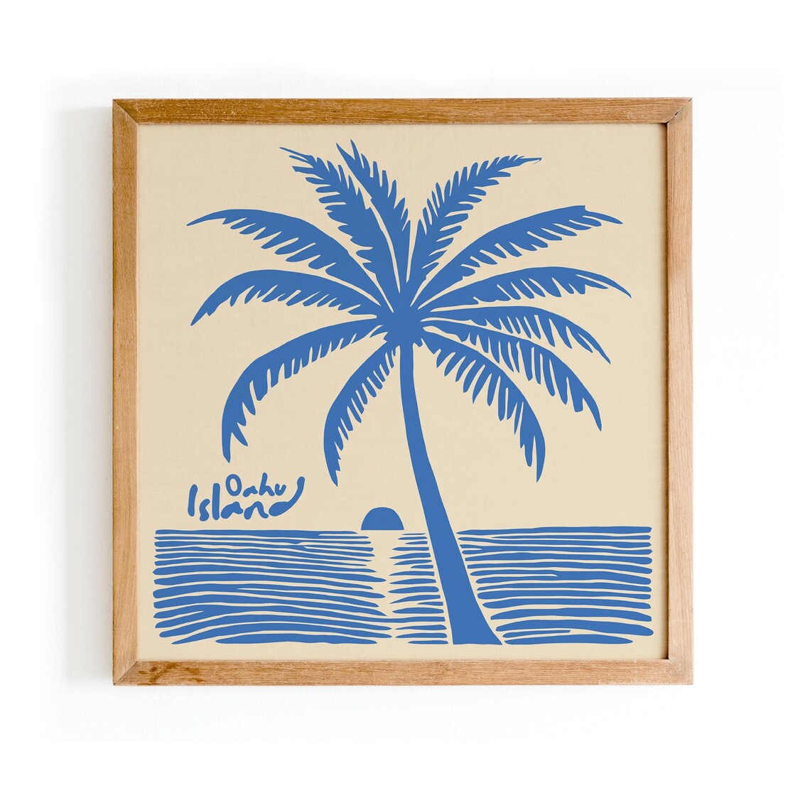 Oahu Island Blue Palm Tree Over Calm Ocean Minimal Art Poster