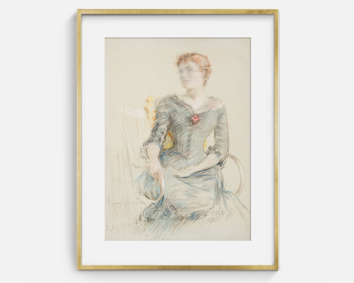Seated Woman Blue Dress Pastel Portrait Vintage Sketch Art Poster - Image 2