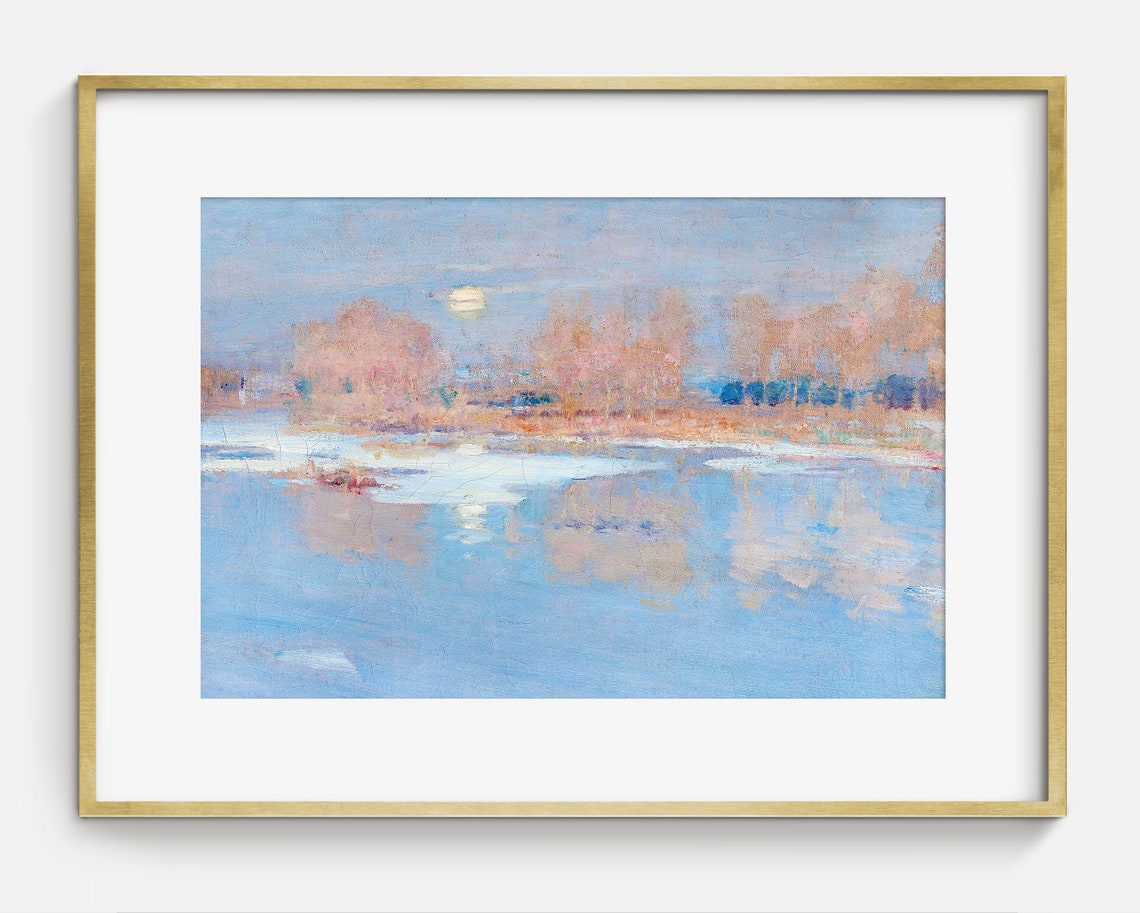 Full Moon Frozen Pond Winter Landscape Impressionist Art Print - Image 2