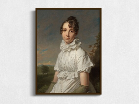 Antique Portrait Young Woman White Dress Ruffled Collar Landscape Oil Painting Art Print