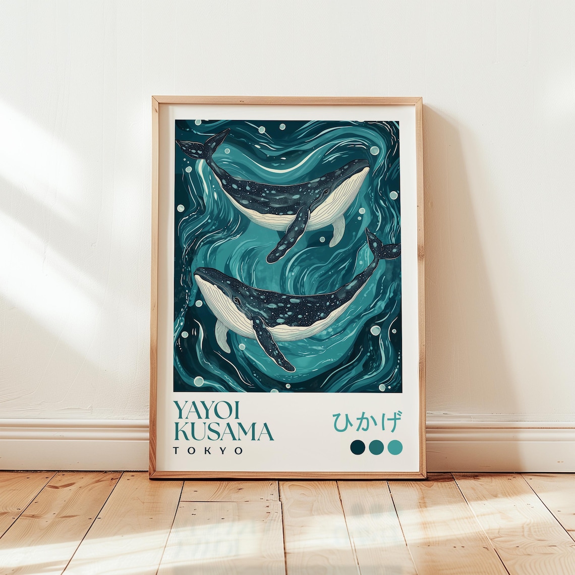 Yayoi Kusama Whale Art Poster Two Humpback Whales in Teal Ocean Swirls