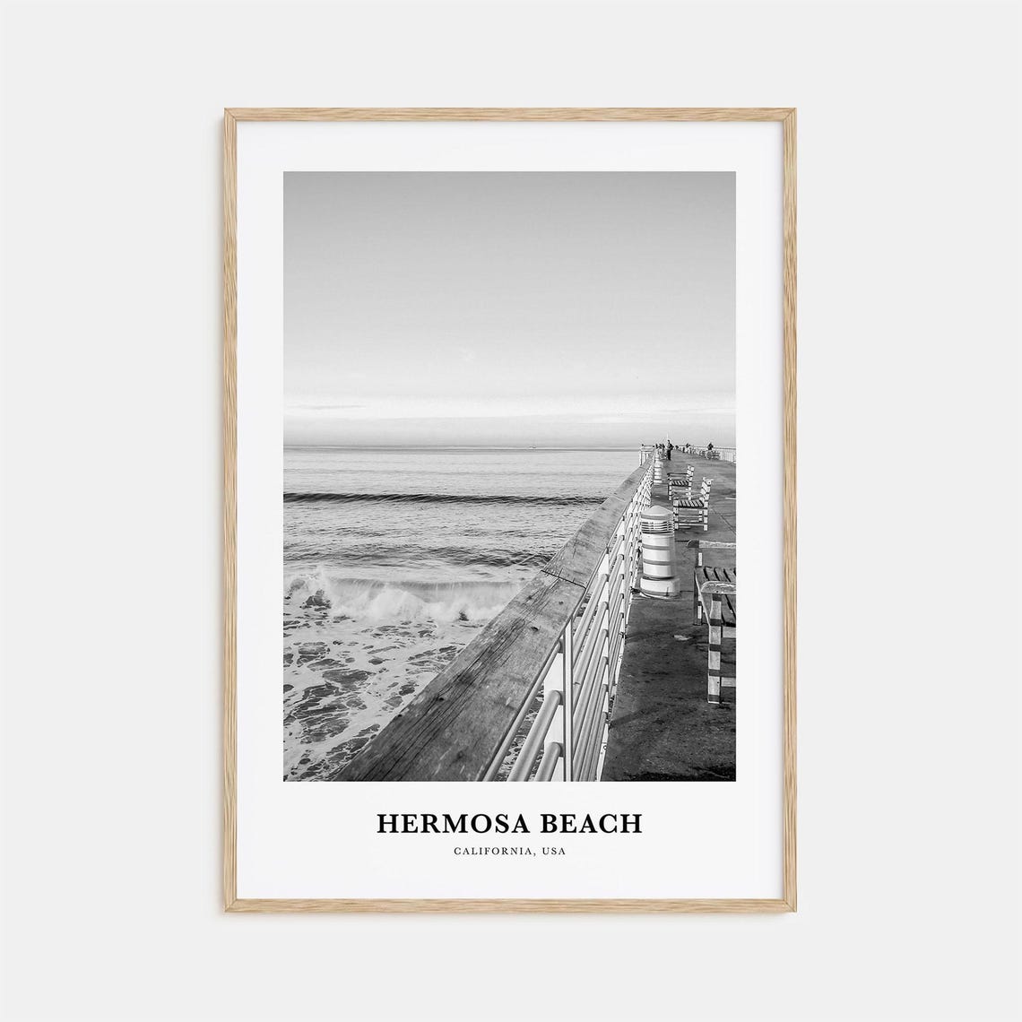 Hermosa Beach California Pier Ocean Waves Black and White Poster
