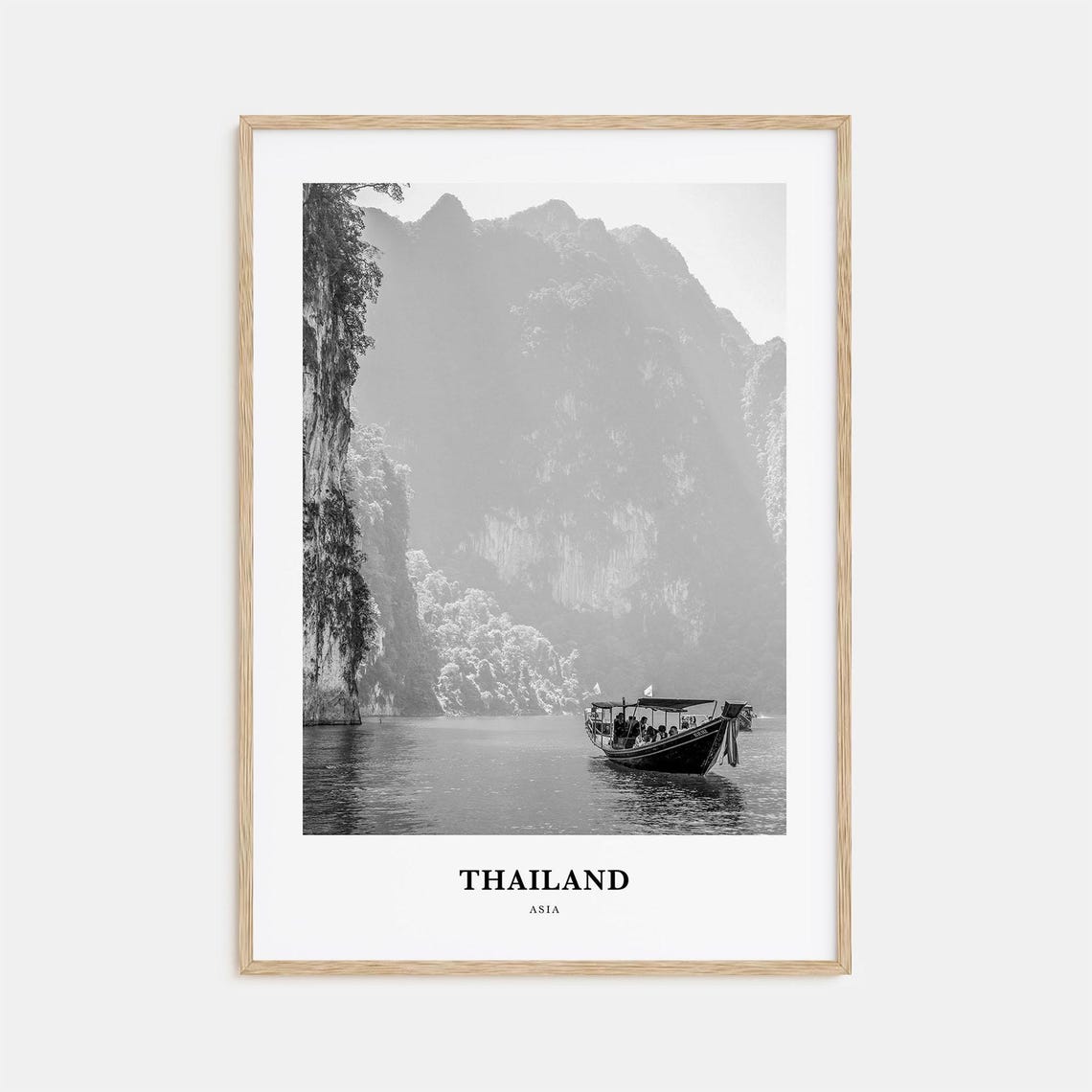 Thailand Longtail Boat Limestone Cliffs Black and White Poster