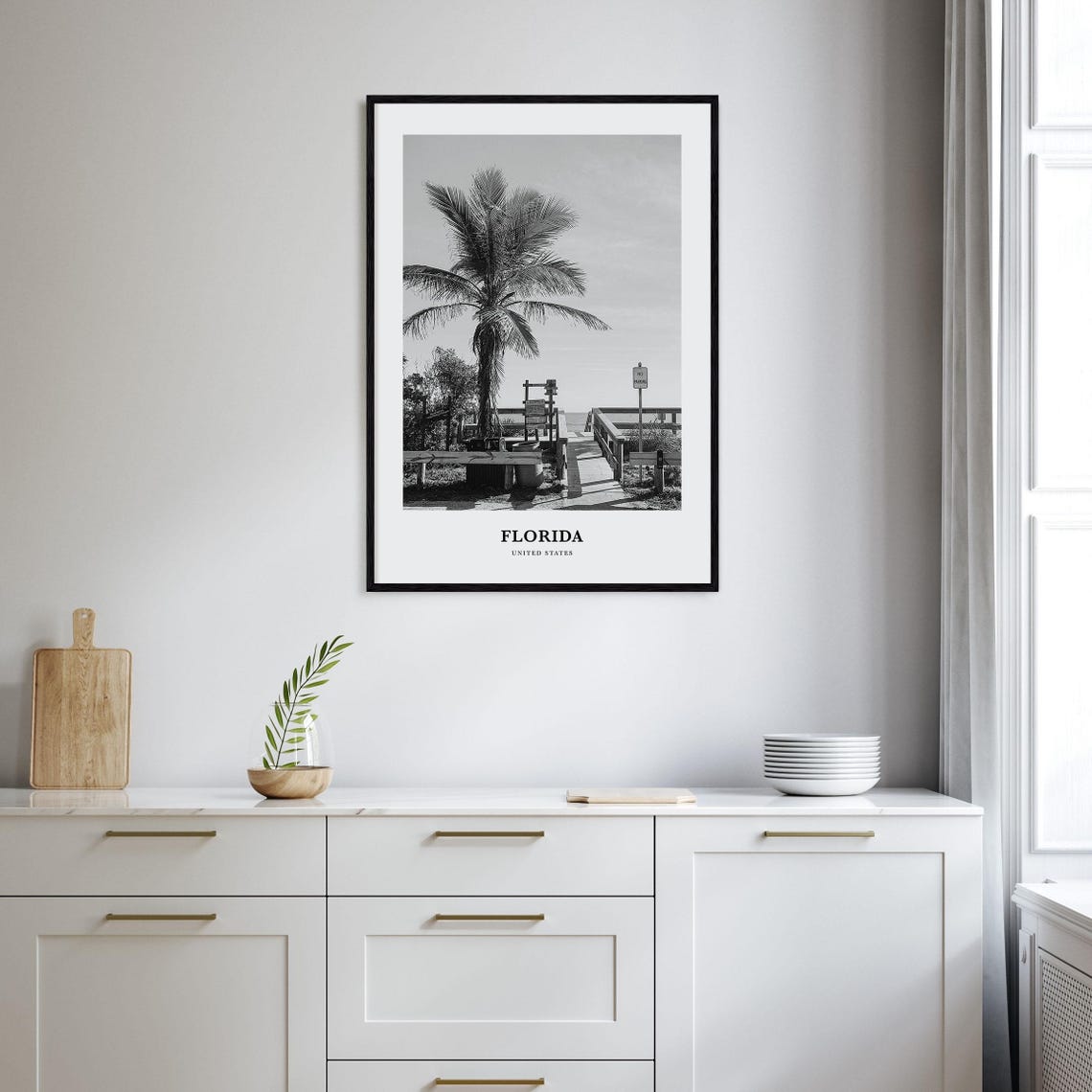 Florida Palm Tree Beach Boardwalk Black and White Photo Poster - Image 2