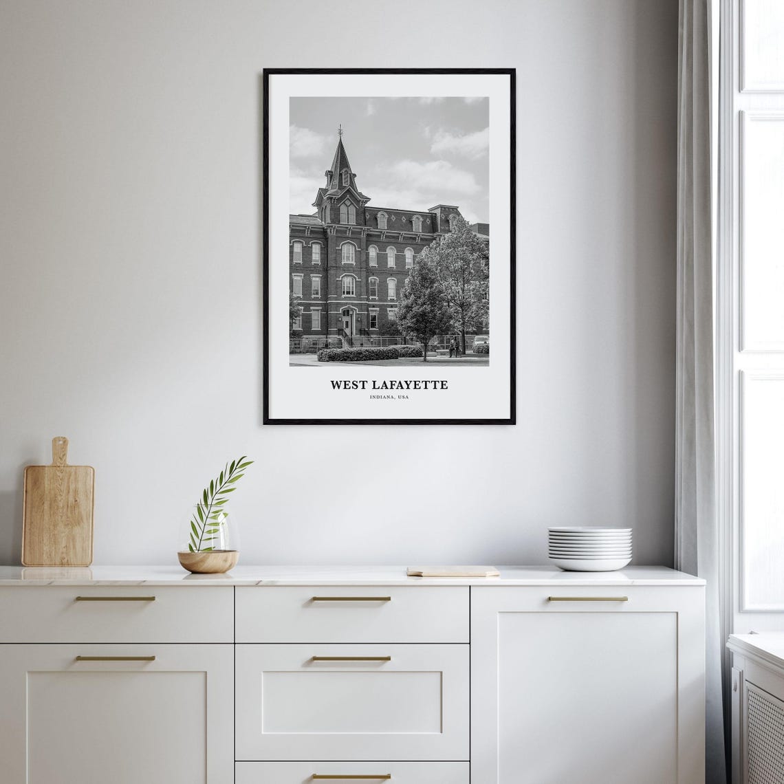 West Lafayette Indiana Historic Hall With Spire Black White Poster - Image 2