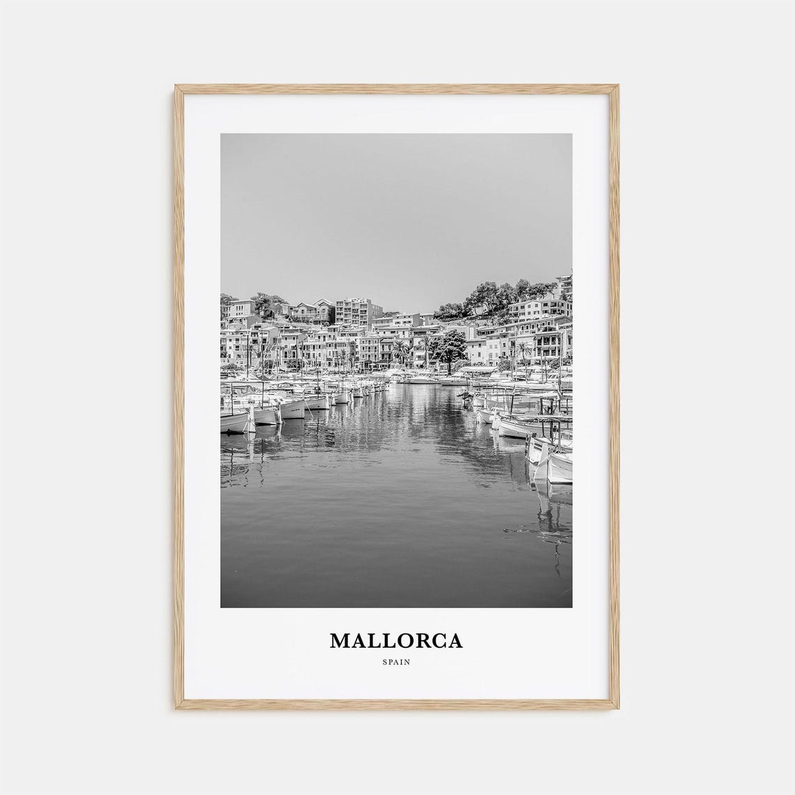 Mallorca Spain Harbor Marina Boats Coastline Black White View Poster
