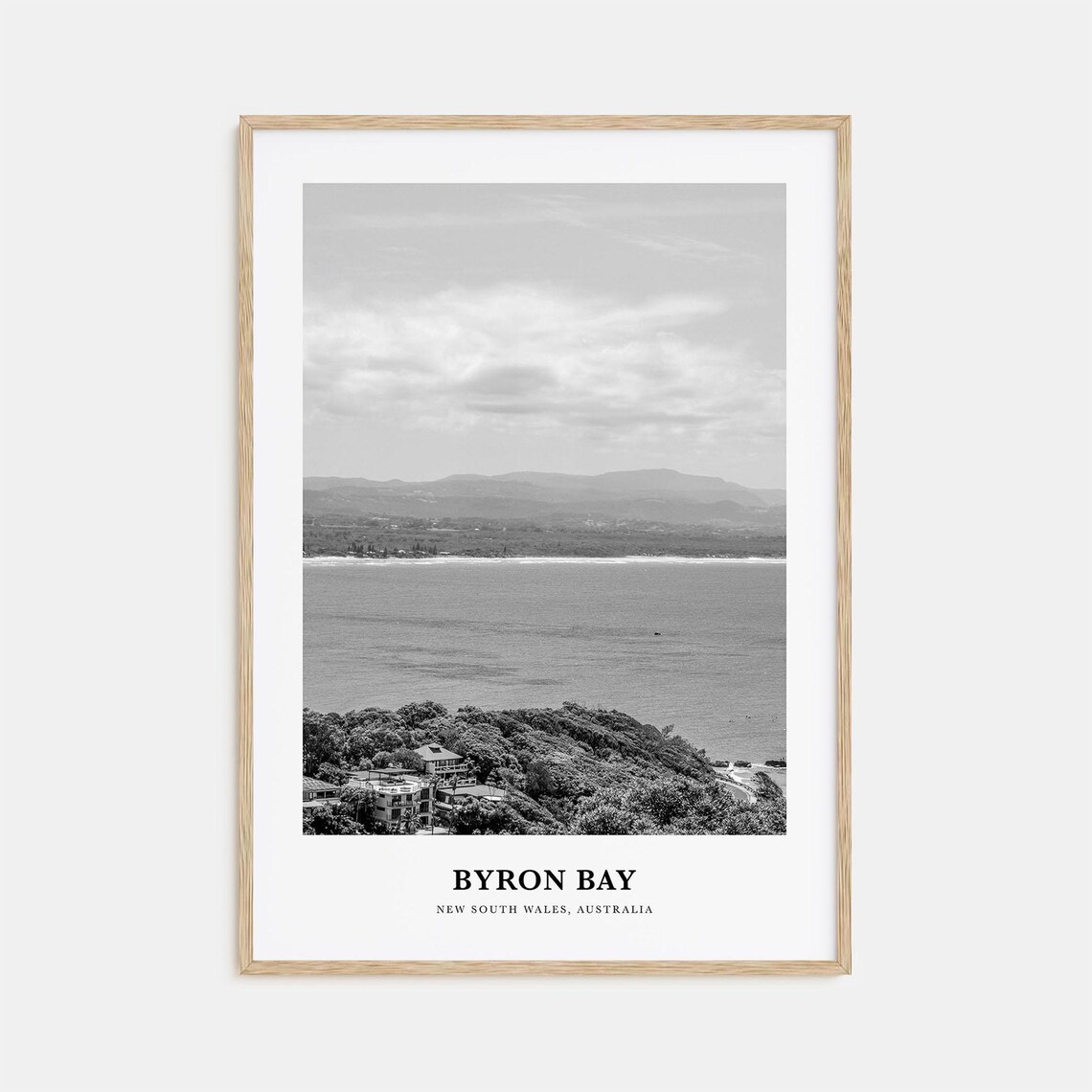 Byron Bay Headland Coastal Panorama Black and White Travel Poster